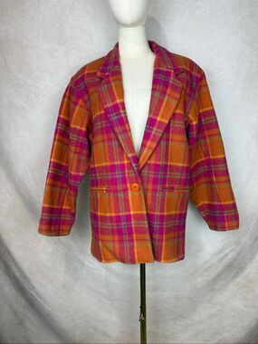 Vintage 1980s Adolfo International Wool Blend Coat Pink Red Plaid Sz M/L